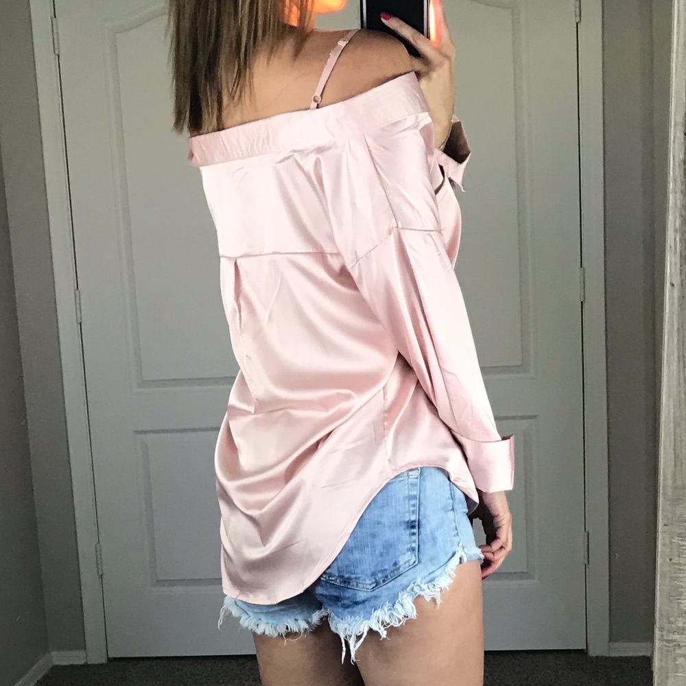 -Blush Silky Cold Shoulder Button Top- - Picture 3 of 5